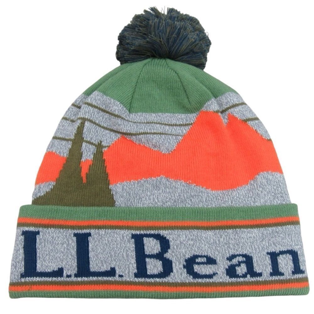 L.L Bean Vibrant Sea Green Katahdin Pom Graphic Knit Beanie Cap Vintage Unisex